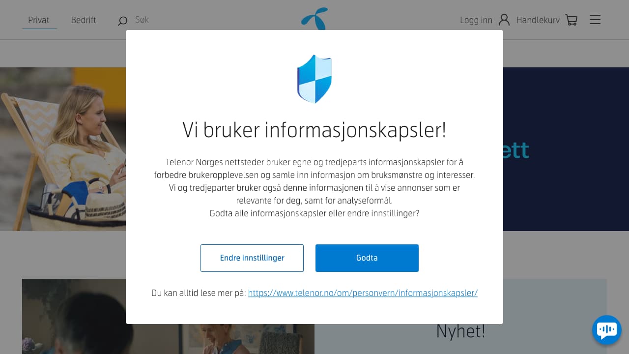 Telenor mandatory cookie consent screen